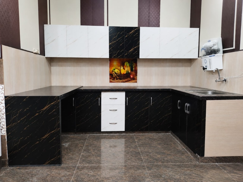 L-Shape Greecoplast UPVC modular kitchen in Black Gold Marble finish