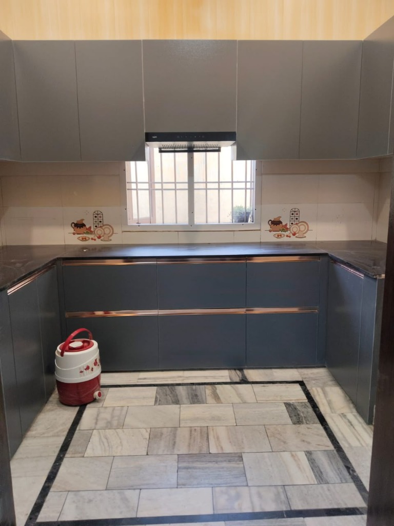 U-Shape Greecoplast UPVC modular kitchen in Teal and White finish