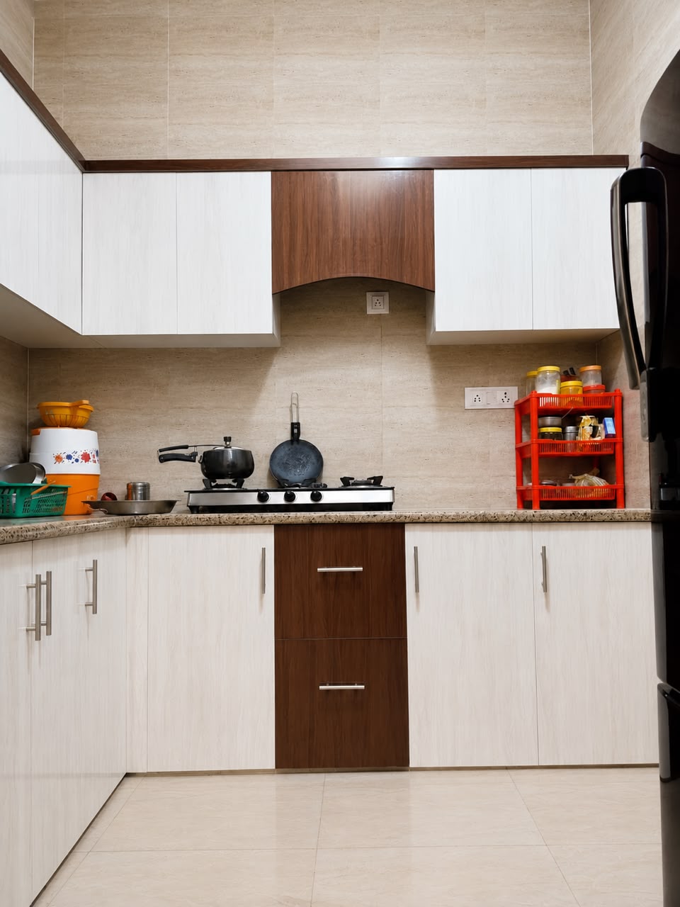Teak woodgrain and ivory white UPVC modular kitchen