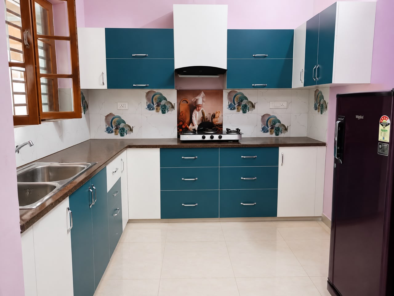 Teal Blue and Off-White U-Shape UPVC Kitchen, Sector 13 Hisar